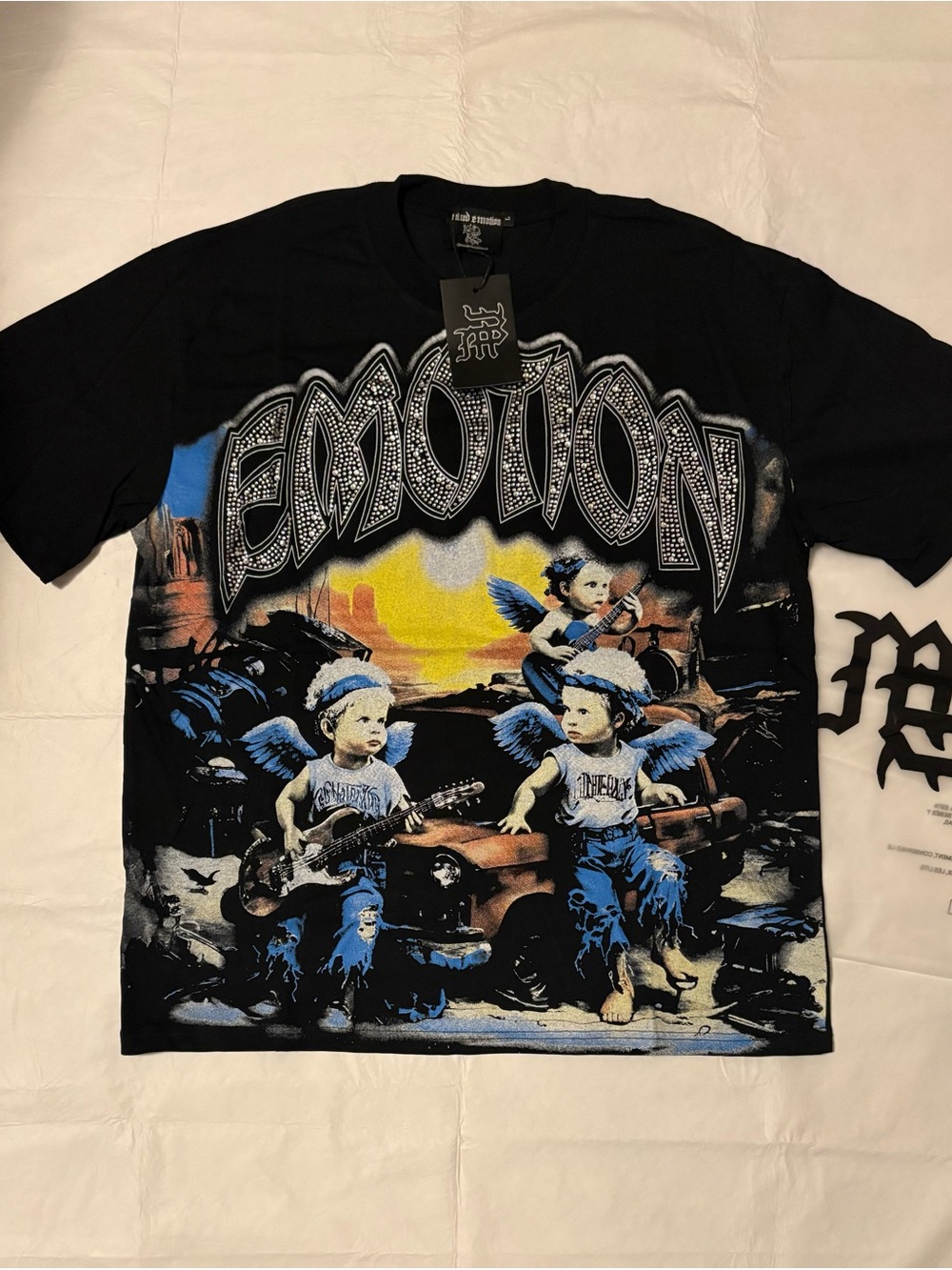 Black 'Emotion' Graphic Short Sleeve Tee with Cherub Art